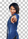 Portrait, pointing and choice with a black woman with a hand sign or gesture. Face, smile and happy with an attractive female choosing an option with a point isolated on a png background