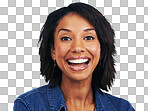 Portrait, face and surprise with an excited black woman looking enthusiastic. Wow, happy and expression with an attractive female feeling positive or carefree isolated on a png background