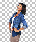 Portrait, black woman and laughing with smile, confident and girl. Fashion, African American female and lady with confidence, laugh or happiness with casual outfit isolated on a png background