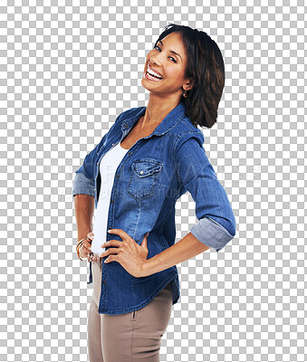 Buy stock photo Happy woman, portrait and laugh with fashion, trendy and modern clothes. Smile, female model and playful person  alone with confidence and motivation isolated on a transparent, png background
