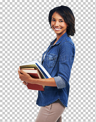 Buy stock photo Woman, teacher and books stack in portrait for smile, learning and development by transparent png background. Female education expert, happy or isolated professor for study, knowledge or information