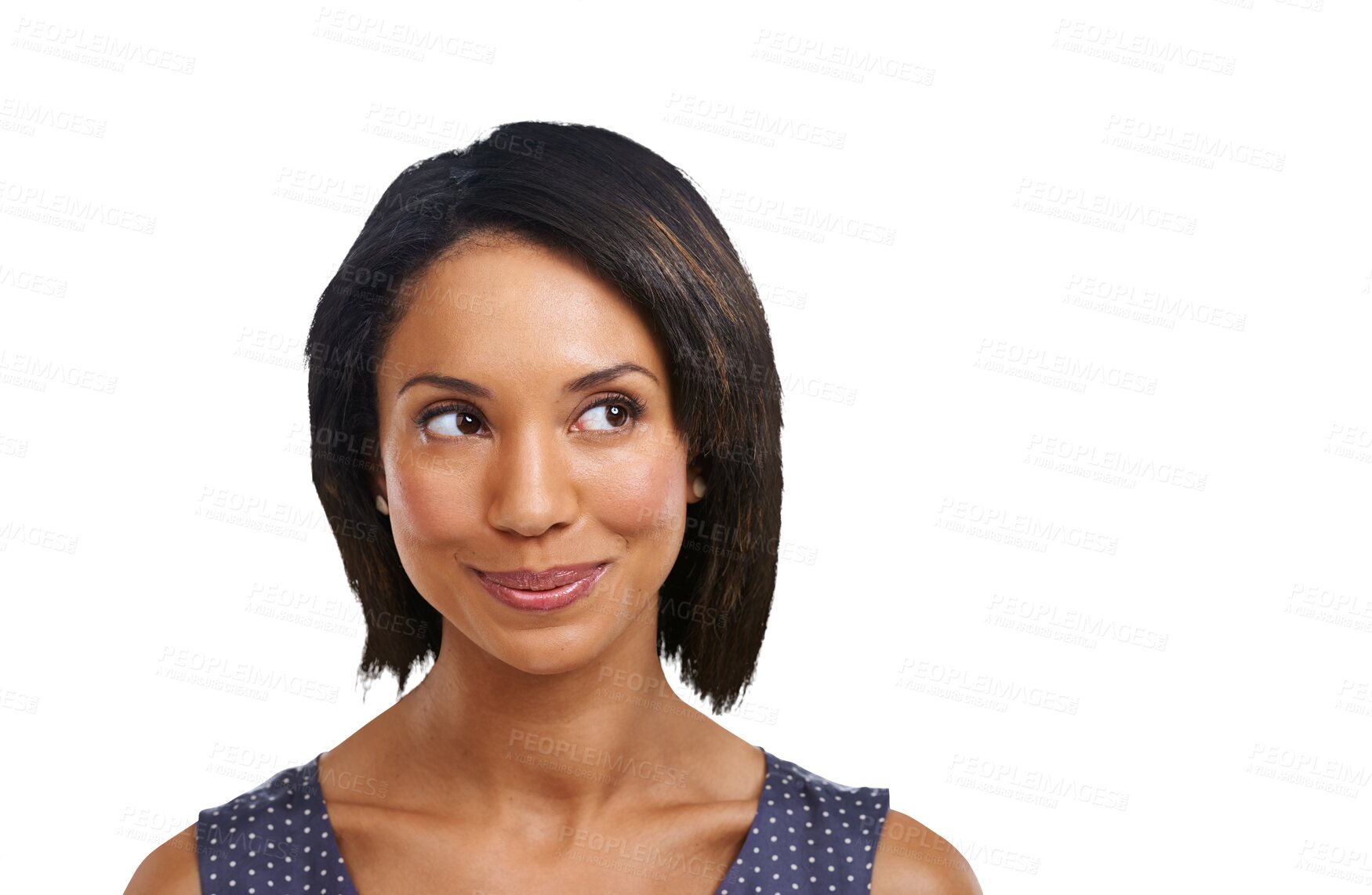 Buy stock photo Smile, thinking and woman with idea and decision, choice or brainstorm on isolated, transparent and png background. Face, contemplating and happy female with thought, wonder and consider or solution 