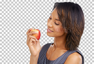 Buy stock photo Apple, face and happy woman eating fruit snack for weight loss diet, wellness detox or health digestion benefits. Food, nutritionist girl or hungry person isolated on a transparent, png background