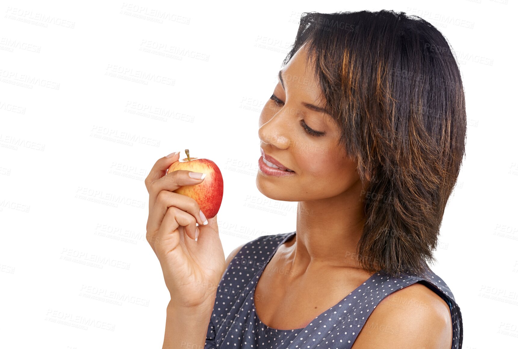 Buy stock photo Apple, face and happy woman eating fruit snack for weight loss diet, wellness detox or health digestion benefits. Food, nutritionist girl or hungry person isolated on a transparent, png background