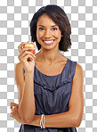 Portrait, studio or black woman eating an apple with marketing mockup space. Fruit, organic or happy African girl advertising healthy food or diet for self care or wellness isolated on a png background