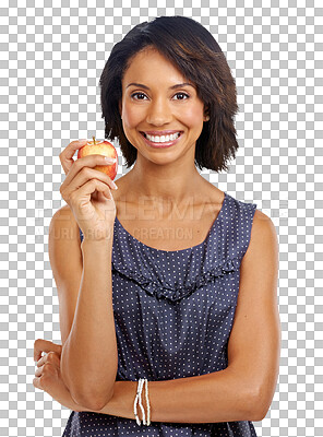 Buy stock photo Apple, portrait and woman smile for nutrition fruit product, health wellness lifestyle and organic vegan food. Self care, healthy living and hungry person isolated on a transparent, png background
