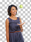 Throw, health or black woman eating an apple or fruits with marketing space. Smile, organic or happy African girl advertising healthy food diet for self care or wellness isolated on a png background