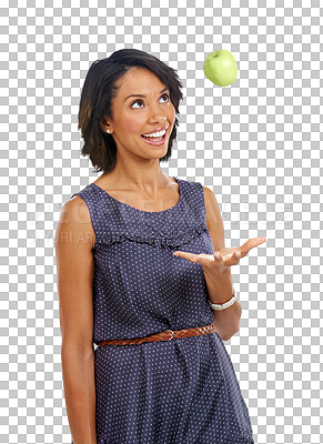 Buy stock photo Apple throw, happy or woman smile for healthy lifestyle, lose weight progress and natural fruits. Health food, diet balance or female model with wellness isolated on a transparent, png background
