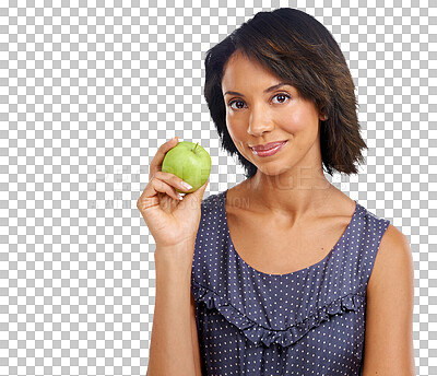 Buy stock photo Apple, face portrait and woman with wellness fruit product for detox diet, health nutrition or digestion balance. Fibre food, vitamin and happy female model isolated on a transparent, png background
