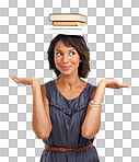 Student, choice or black woman with books, balance or decisions  with marketing mockup space. Education, smile or African school girl in university or college with notebooks for learning  isolated on a png background