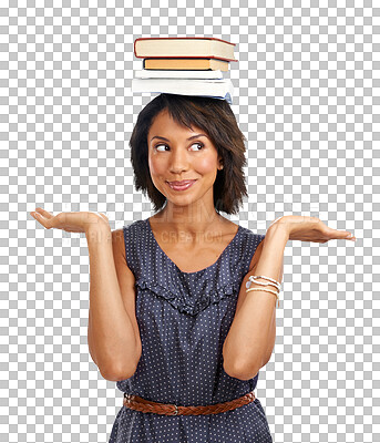 Buy stock photo Books, head and balance for woman with happy decision, education scale or university student smile in college learning. School, textbook or study female model isolated on a transparent png background