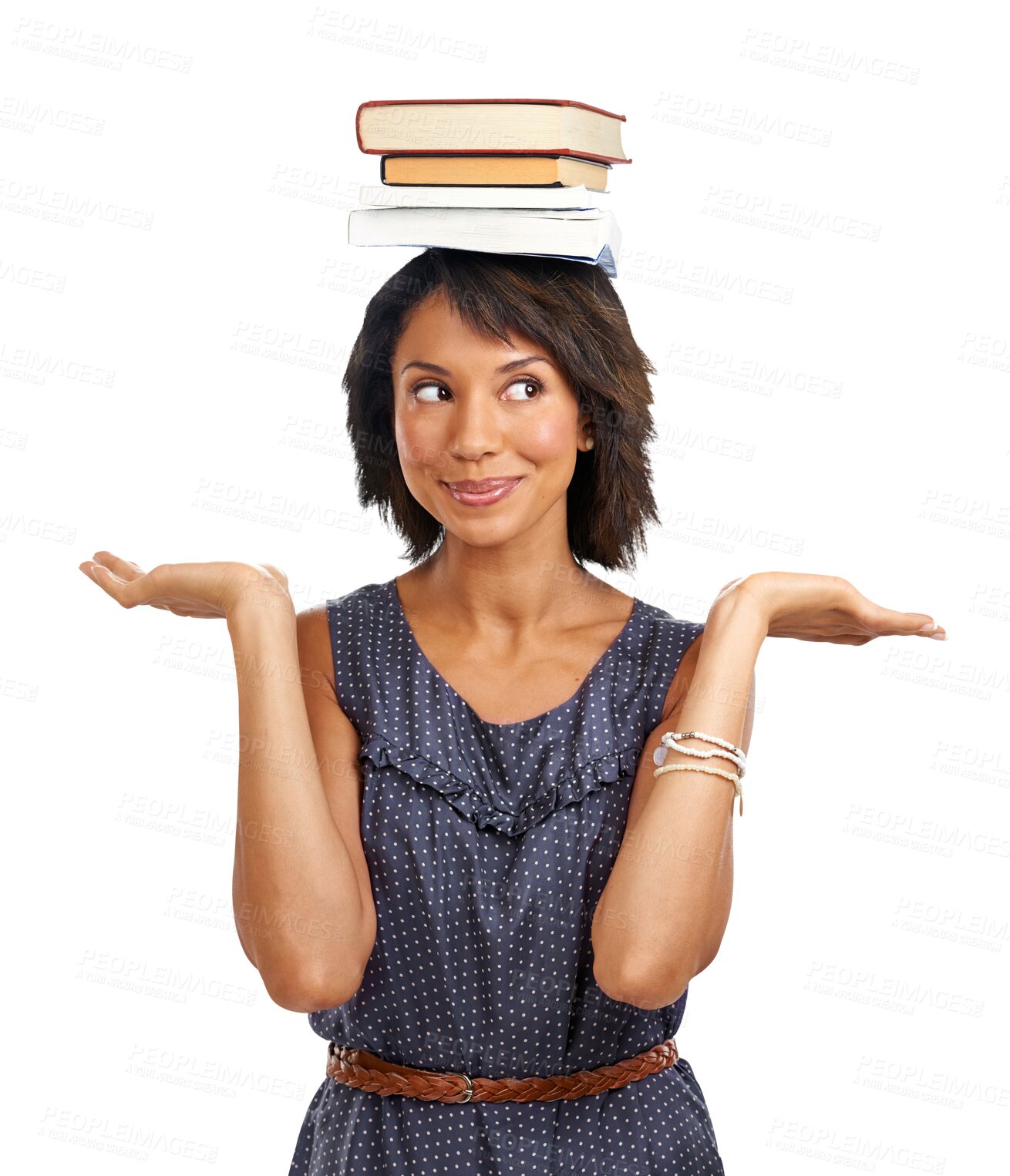 Buy stock photo Books, head and balance for woman with happy decision, education scale or university student smile in college learning. School, textbook or study female model isolated on a transparent png background
