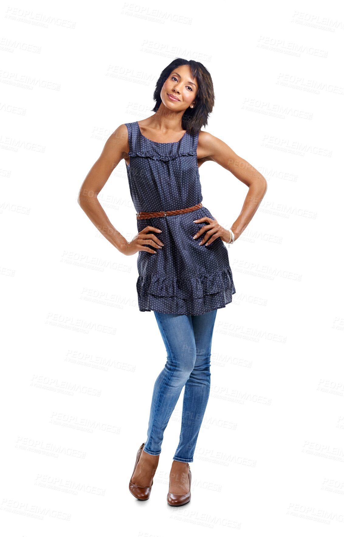 Buy stock photo Happy woman, portrait and confident with fashion, trendy and modern clothes. Smile, female model and playful person  alone with confidence and beauty isolated on a transparent, png background
