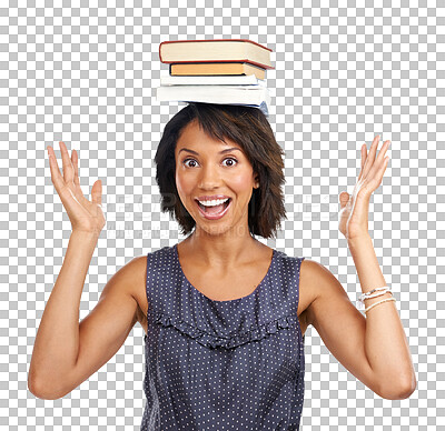 Buy stock photo Education books, head balance and excited woman, student or university smile for college learning study. Back to school, research and studying female model isolated on a transparent, png background