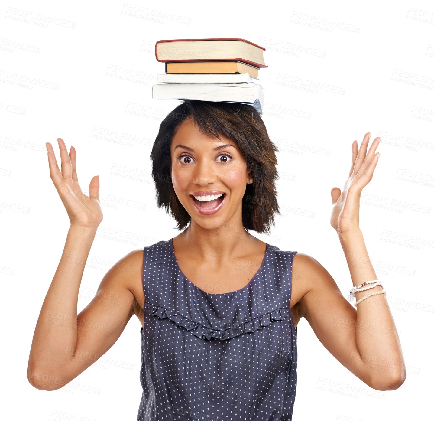 Buy stock photo Education books, head balance and excited woman, student or university smile for college learning study. Back to school, research and studying female model isolated on a transparent, png background