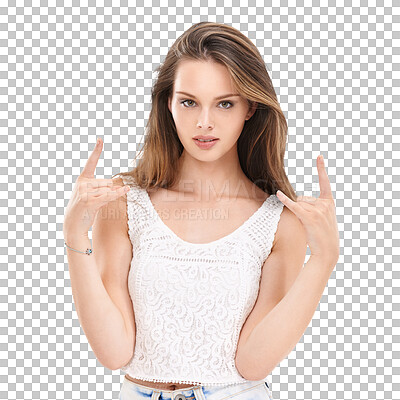 Buy stock photo Rock, hands and portrait of woman on png for music, fashion and punk style. Metal, power and confidence with female and devil horns isolated on transparent background for emoji, sign and hand gesture