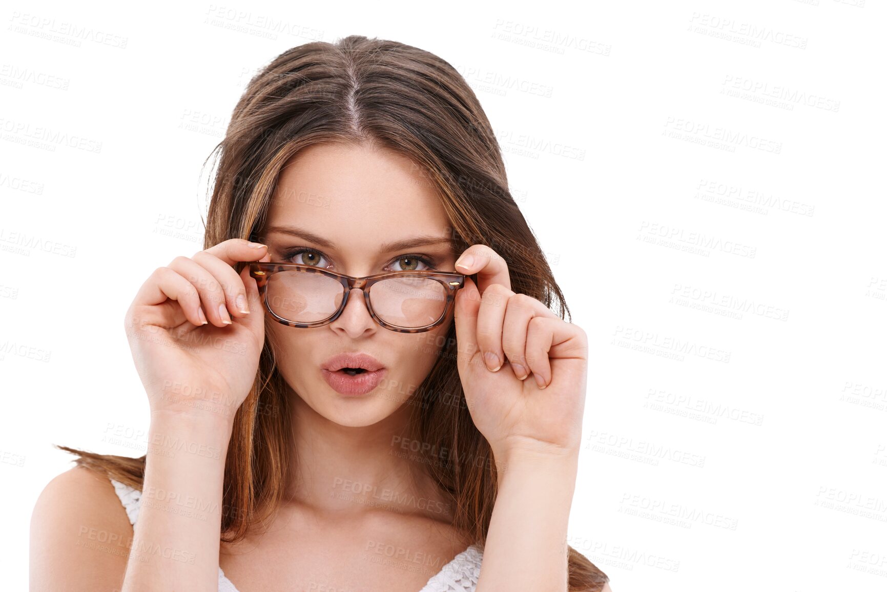 Buy stock photo Woman, glasses and pouting lips in portrait for vision, optometry and eye health by transparent png background. Isolated model, girl and spectacles for healthy eyesight, mouth and sexy kiss gesture