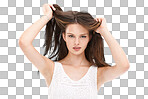 Portrait, hair and beauty with a model woman in studio on isolated on a png background for keratin treatment at a salon. Face, haircare and natural aesthetic with a young female holding her straigh hair