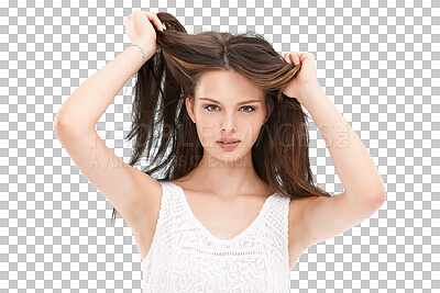 Buy stock photo Woman, portrait and hands in hair for beauty, treatment and isolated on transparent, png and background. Face, haircare and girl with gen z aesthetic satisfied with weave, extensions or salon results