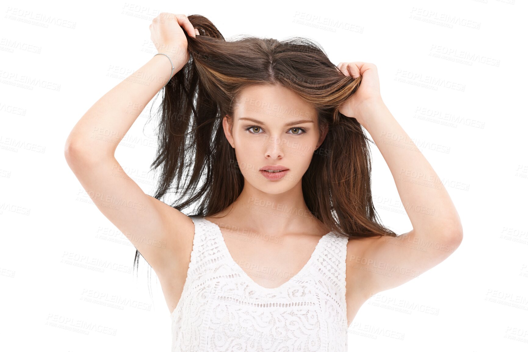 Buy stock photo Woman, portrait and hands in hair for beauty, treatment and isolated on transparent, png and background. Face, haircare and girl with gen z aesthetic satisfied with weave, extensions or salon results