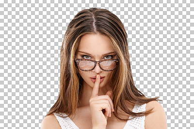 Buy stock photo Woman has secret, finger to lips and confidential signal with portrait isolated on transparent, png background. Female model in glasses, mysterious and whisper with emoji, silence and quiet gesture