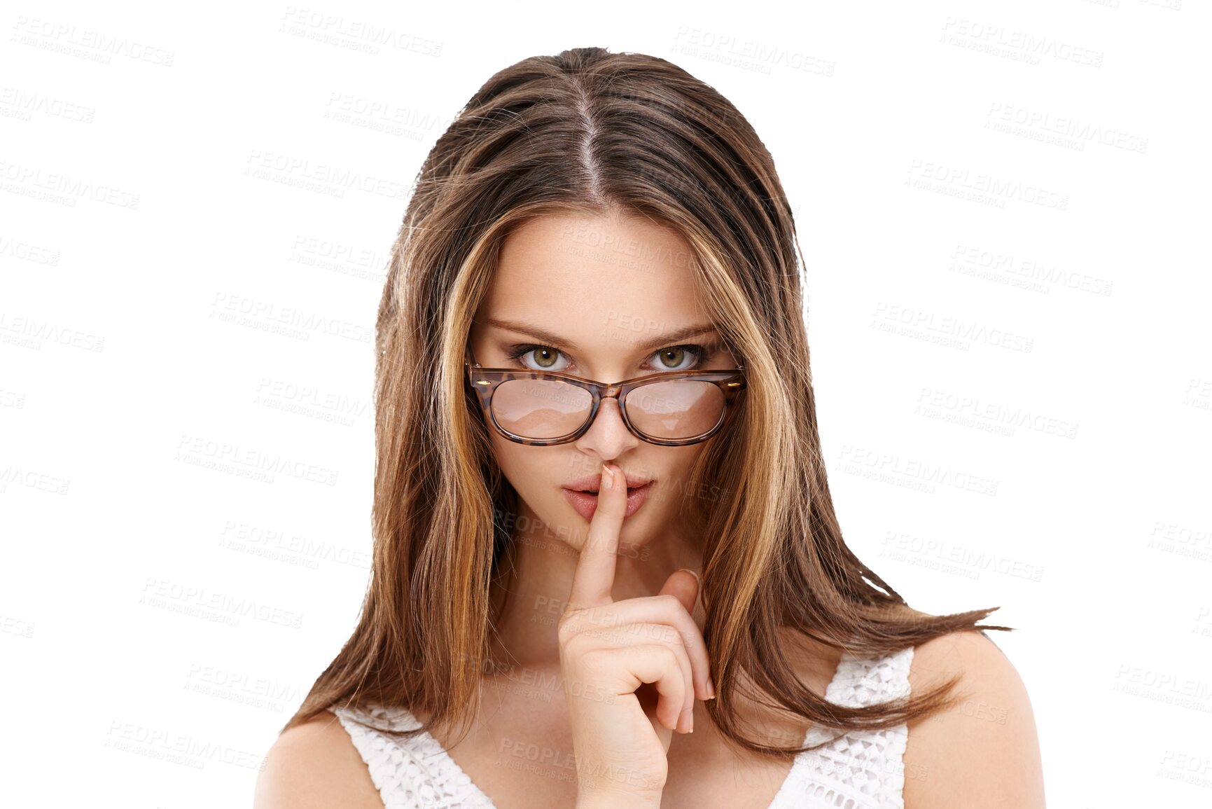 Buy stock photo Woman has secret, finger to lips and confidential signal with portrait isolated on transparent, png background. Female model in glasses, mysterious and whisper with emoji, silence and quiet gesture