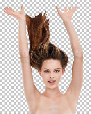 Buy stock photo Portrait, beauty and hair of a woman with natural, healthy and straight hairstyle. Makeup, cosmetics and female person with salon treatment and hands raised isolated on a transparent, png background