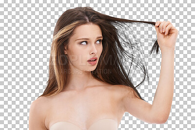 Buy stock photo Woman, hair care and split ends problem isolated on a transparent png background. Hairloss, damage and serious female model looking at messy hairstyle, frizzy and breakage after salon treatment.