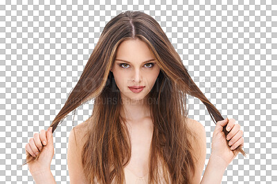 Buy stock photo Portrait, hair care and beauty of a woman with natural, strong and straight hairstyle. Wellness, cosmetics and female model with shampoo or salon treatment isolated on a transparent, png background