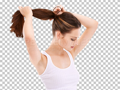 Buy stock photo Hairstyle, woman and hair tie for beauty isolated on a transparent png background. Haircare, tying and female model with ponytail for aesthetic salon treatment for growth, balayage and texture.