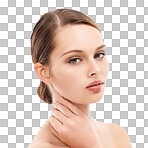 Woman, portrait or beauty skincare with makeup cosmetics, dermatology self love or healthcare wellness routine. Zoom, model or face with facial glow, healthy collagen or hairstyle on isolated on a png background