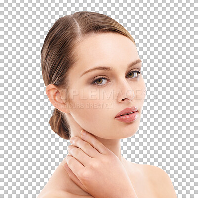 Buy stock photo Portrait, face skincare and beauty of woman isolated on a transparent png background. Natural, makeup cosmetics and serious female model with healthy, glowing or flawless skin after facial treatment