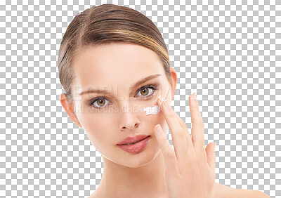 Buy stock photo Woman in portrait, cream on face for beauty and cosmetic care isolated on transparent, png background. Female model with lotion product, moisturizer and facial for skincare, dermatology and cosmetics