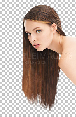 Buy stock photo Face, beauty and haircare of woman with long hair isolated on a transparent png background. Natural cosmetics, hairstyle portrait and serious female model with salon treatment for growth or balayage.