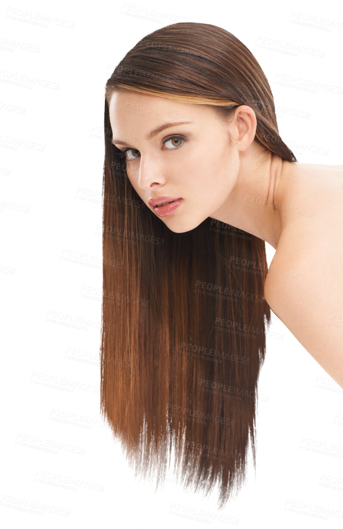 Buy stock photo Face, beauty and haircare of woman with long hair isolated on a transparent png background. Natural cosmetics, hairstyle portrait and serious female model with salon treatment for growth or balayage.