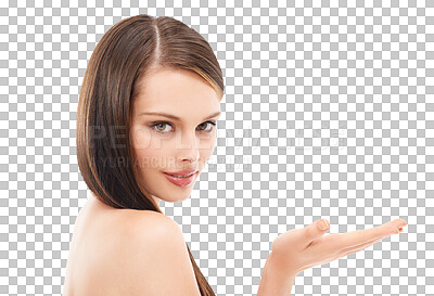 Buy stock photo Face, hair care and woman with palm space isolated on a transparent png background. Hairstyle, smile and female model with hand to present salon treatment for growth, beauty and balayage in portrait.