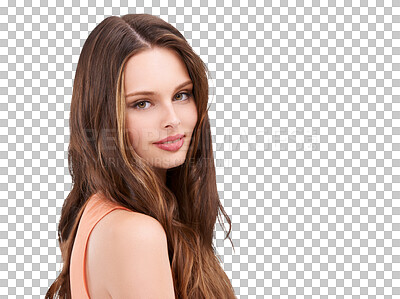 Buy stock photo Beauty, hair and portrait of a woman with a smile, natural and balayage hairstyle. Wellness, cosmetics and happy female person with salon treatment and makeup isolated on transparent, png background