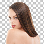 Face portrait, back and hair care of woman. Makeup cosmetics, skincare and female model with balayage after salon treatment for beauty, texture and hairstyle isolated on a png background