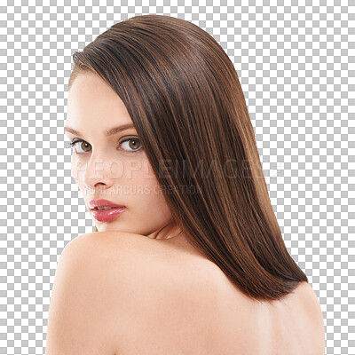 Buy stock photo Woman, hair and beauty portrait of a model with natural, shine and straight hairstyle. Self care, cosmetics and female person with a salon treatment and glow isolated on a transparent, png background