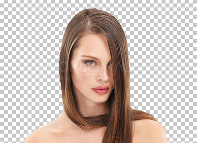 Buy stock photo Beauty, hair and face portrait of a woman with makeup, cosmetics and balayage hairstyle. Female person with salon or hairdresser treatment for shine and glow isolated on a transparent, png background