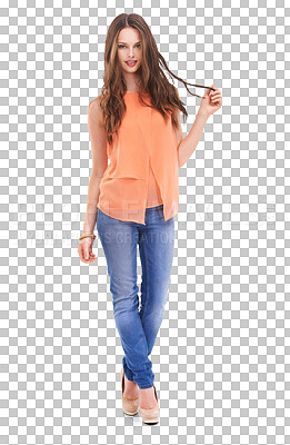 Buy stock photo Woman, fashion and portrait with style in jeans and smile for modeling clothes. Model, young and happy with clothing, stylish and empowerment isolated on a transparent png background while smiling