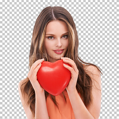 Buy stock photo Portrait, heart and love with a romantic woman isolated on a transparent background for valentines day. Face, emoji and PNG with a young person holding a shape or symbol of affection and romance