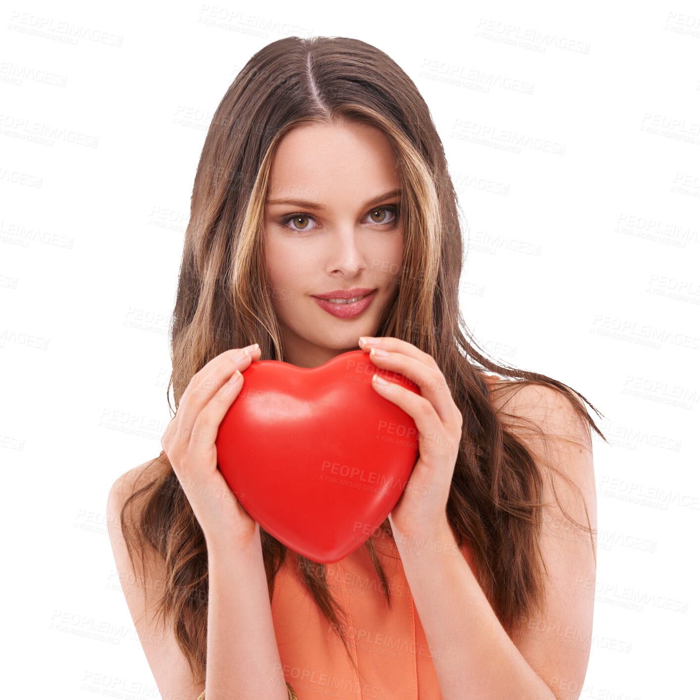 Buy stock photo Portrait, heart and love with a romantic woman isolated on a transparent background for valentines day. Face, emoji and PNG with a young person holding a shape or symbol of affection and romance