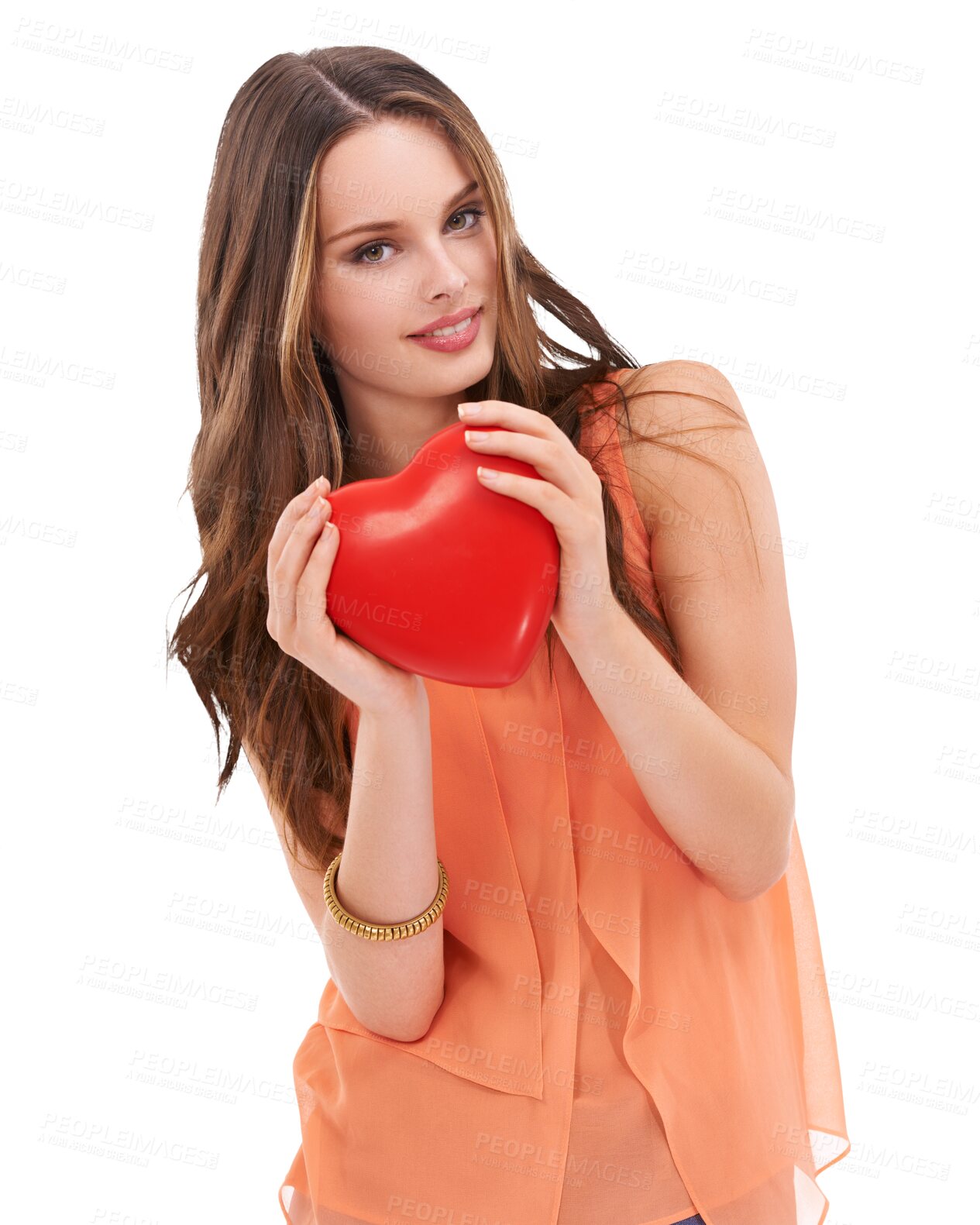 Buy stock photo Portrait, heart and emoji with a romantic woman isolated on a transparent background for valentines day. Face, love and PNG with a young person holding a shape or symbol of affection and romance
