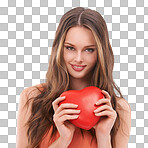 Heart, love and face portrait of woman with red object, romantic product or emoji icon for Valentines Day holiday. Beauty, smile and  headshot of happy model girl isolated on a png background