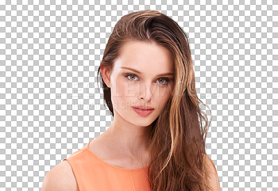 Buy stock photo Face, woman and beauty portrait for hair care isolated on a transparent png background. Hairstyle, natural cosmetics and serious female model with salon treatment for growth, texture and balayage.