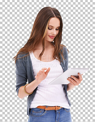 Buy stock photo Isolated woman, reading and typing on tablet for search, news article or blog by transparent png background. Girl, student and mobile touchscreen for research, social network app or study on internet