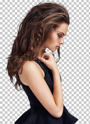 Buy stock photo Fashion, hair and side profile of woman with makeup for trendy, stylish and designer clothes. Salon, style and attractive girl, fashion model and cosmetics isolated on a transparent png background