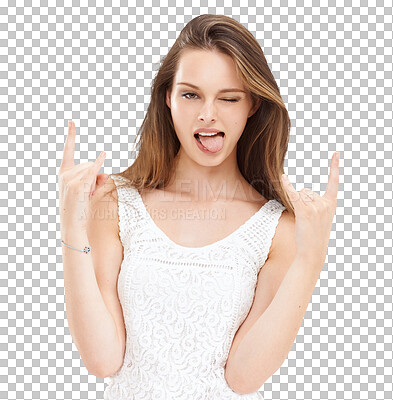 Buy stock photo Portrait, tongue or wink and a rocker woman isolated on a transparent background with a hand gesture. PNG, hands and grunge with an attractive young person having fun at a rock concert or party