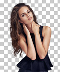 A Beautiful woman, fashion and beauty with long hair posing. Portrait of a isolated attractive female model brunette with hands on her neck wearing black dress isolated on a png background